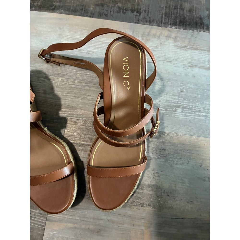 Vionic Womens Tan Brown Leather Espadrille Wedge Sandals Strappy Buckle Heel - Picture 4 of 12